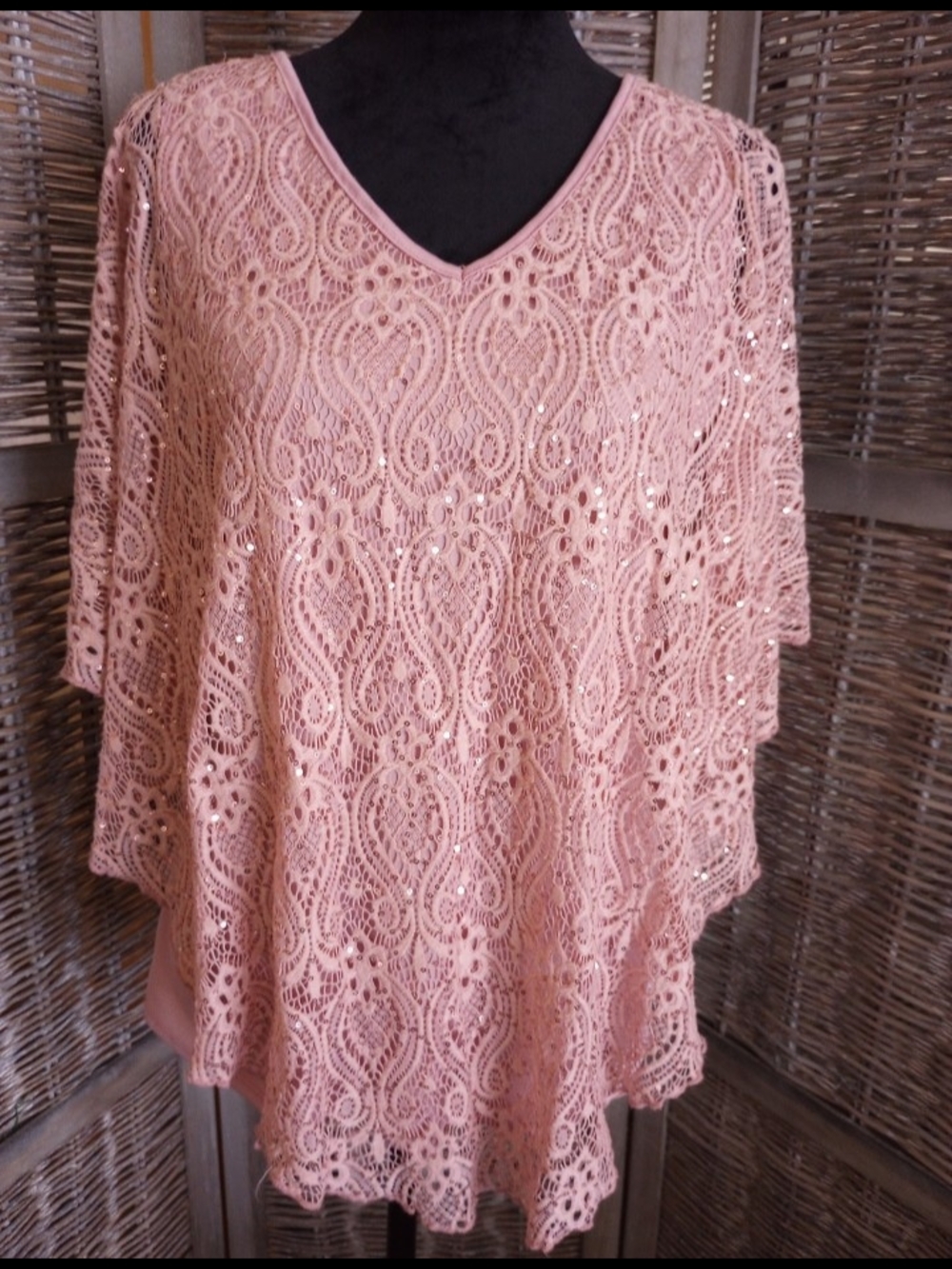 .Brittany Black Blush Sequin Lace Overlay Top